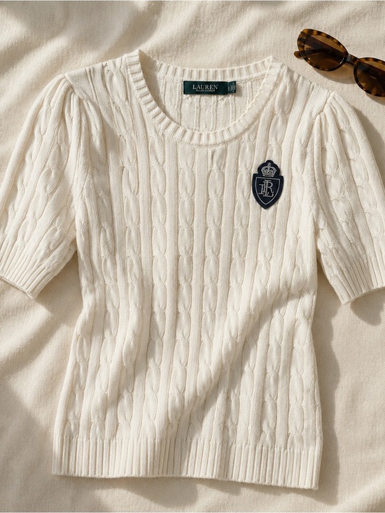 Lauren Ralph Lauren Tops - Lauren Ralph Lauren Cable Knit Cotton Sweater Puff Sleeve Large